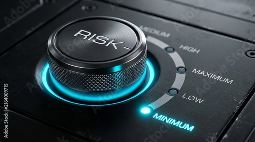 Obraz na płótnie Risk control knob set to minimum with blue indicator light