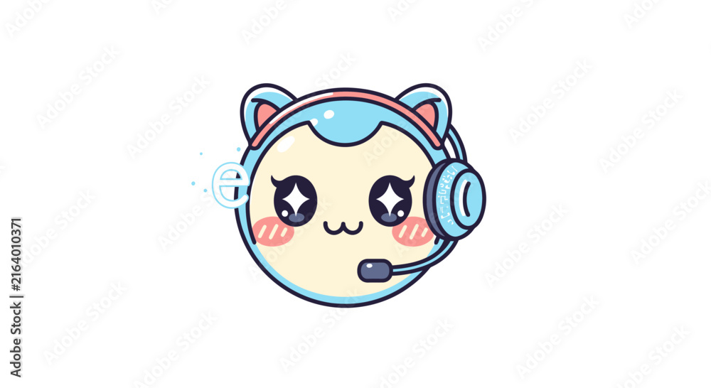 Fototapeta premium Cute Kawaii Cat Gamer Avatar with Headset and Microphone, Gaming Icon