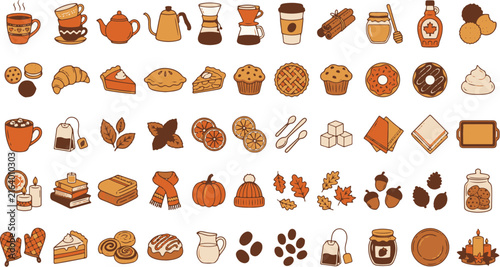 Autumn Cozy Drinks Bakery and Fall Season Elements Vector Icon Set Isolated on White Background