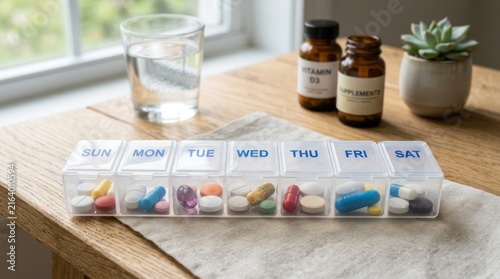 A clear plastic pill organizer sits on a wooden table next to a glass of water, a small succulent plant, and two amber-colored bottles of supplements.