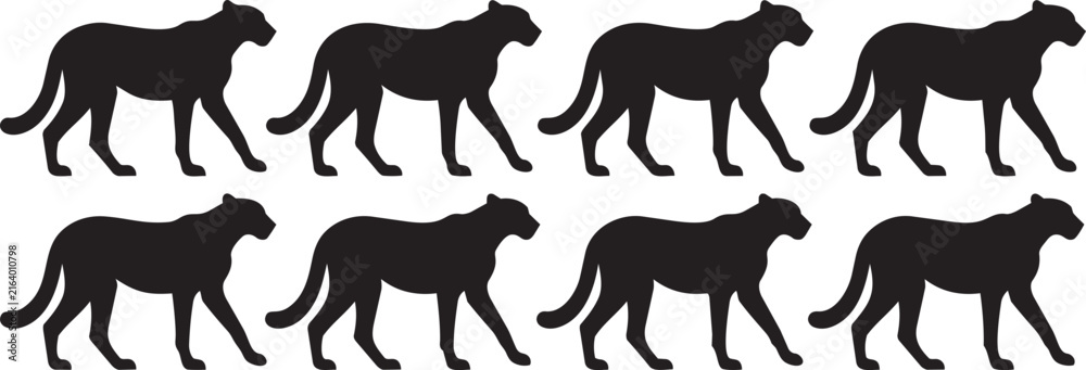 Obraz premium Black and White Cheetah Silhouette Animation Sequence - Running Cat Vector Icons for Design Projects