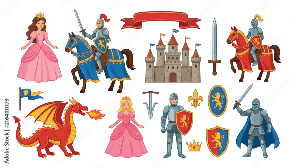 Obraz premium Medieval fairytale vector set featuring cartoon knights princess dragon castle shield sword and royal elements