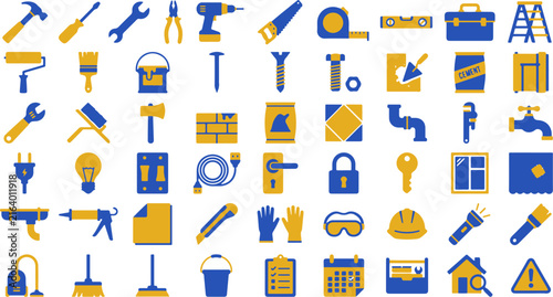 Home Repair Construction Tools and DIY Maintenance Flat Vector Icon Set Isolated on White Background