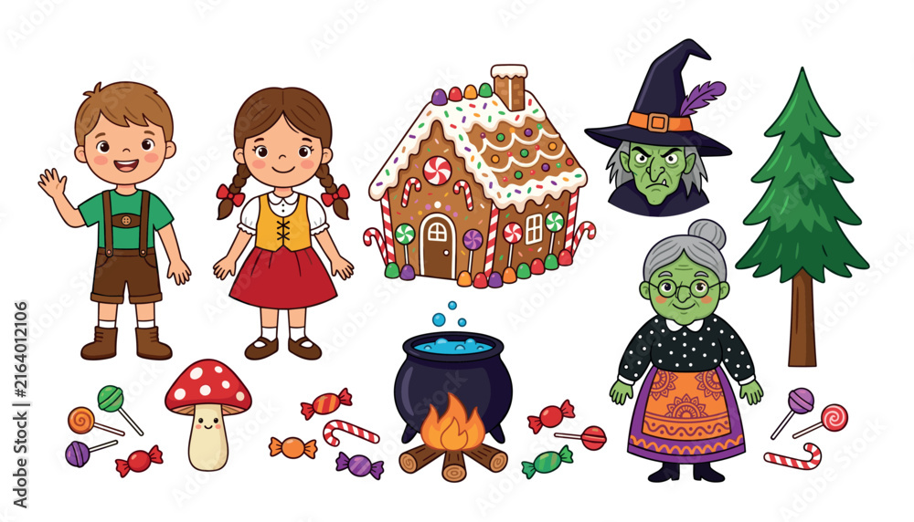 Fototapeta premium Cute storybook illustration bundle featuring brother sister kids wicked witch candy house and magic cauldron vector icons graphic,