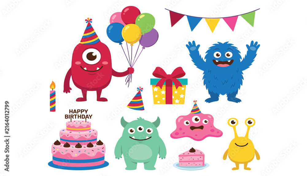 Fototapeta premium Cute monster birthday party vector bundle with cartoon alien characters cake balloons and celebration elements