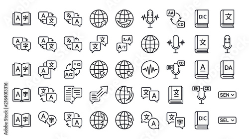 Bild auf Leinwand Professional language translation and global communication icon set