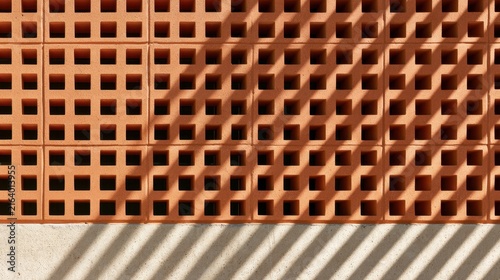 Terracotta perforated wall grid architectural pattern with diagonal sunlight shadows for modern design poster and textured background