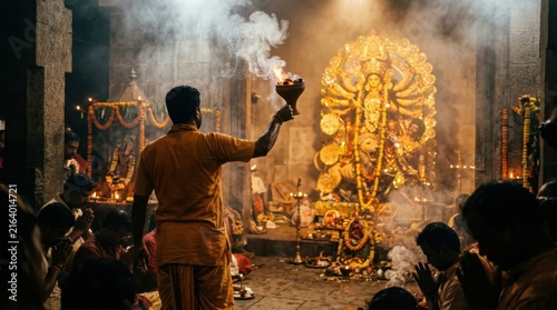Durga Puja Aarti Ritual with Incense in Temple