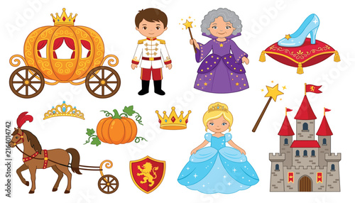 Cuadro en lienzo Cute cartoon Cinderella fairytale vector set with prince princess fairy godmothe