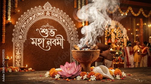 Traditional Maha Navami Havan Ritual with Smoke