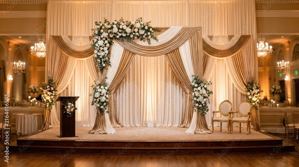 Obraz premium A beautifully decorated wedding altar stands prominently on a stage. The altar features a luxurious backdrop of draped cream and gold fabrics, accented with elegant lighting.