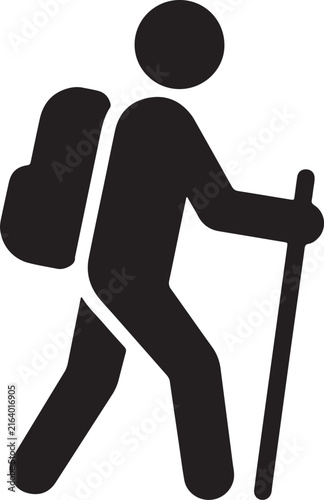 Silhouette of a hiker with backpack and walking stick on a white background
