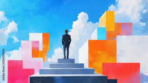 Surrealistic scene depicting man suit standing steps, gazing colorful geometric shapes against bright blue sky. atmosphere conveys sense