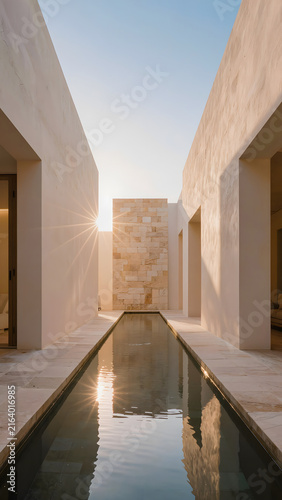 Vertical minimalist courtyard with a long reflecting pool and warm natural light.
