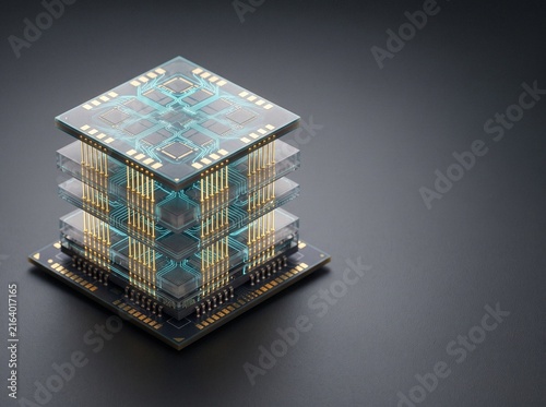 Isometric 3D stacked AI microchip with glowing gold TSV interconnects and cyan circuitry