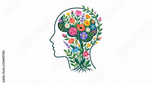 Blooming flowers inside human head profile representing mental health and creativity