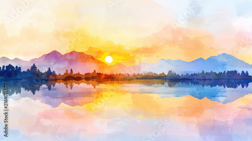 Serene landscape featuring vibrant sunset over mountains, reflected in calm lake, creating peaceful atmosphere