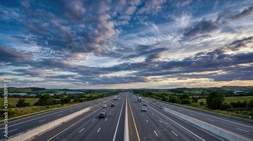A long highway stretches into the distance under a dramatic sky filled with swirling clouds. Cars travel along the multi-lane road, creating a sense of movement and travel.