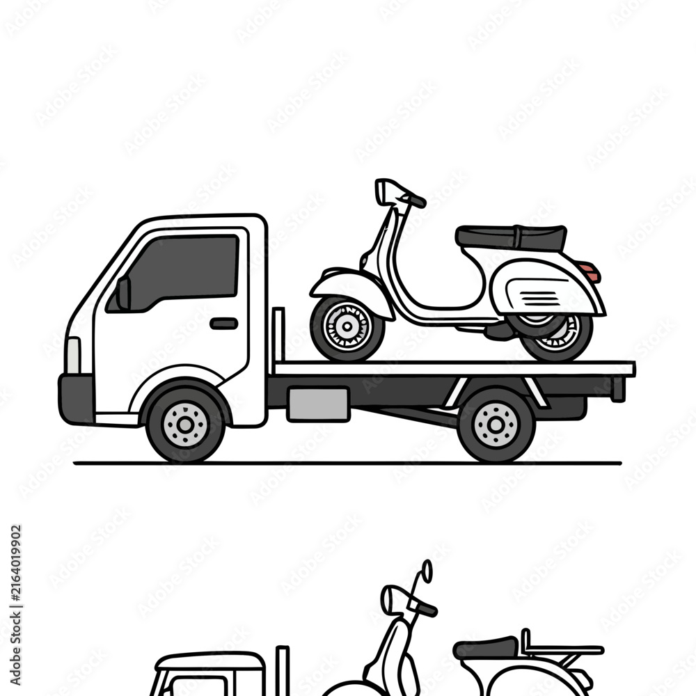 Fototapeta premium Flatbed truck carrying a scooter