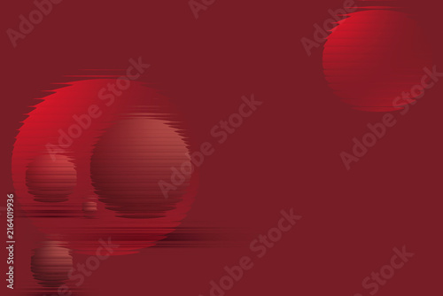 Abstract minimal display on deep red gradient with 3D spheres floating on shiny glass ripple effects texture background. 