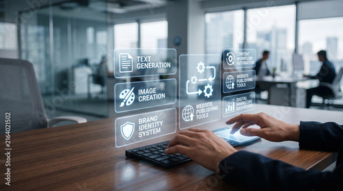 Hands operating ai platform keyboard touchpad office desk business technology interface workflow automation content generation website digital marketing dashboard creative screen virtual