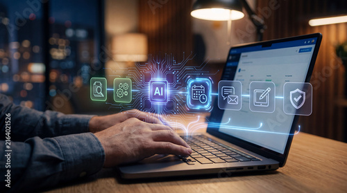 Professional using laptop with ai interface, technology concept, working on computer at desk