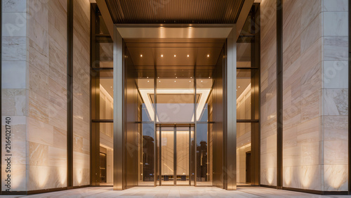 Luxury contemporary hotel entrance combining limestone, glass and dark bronze details.