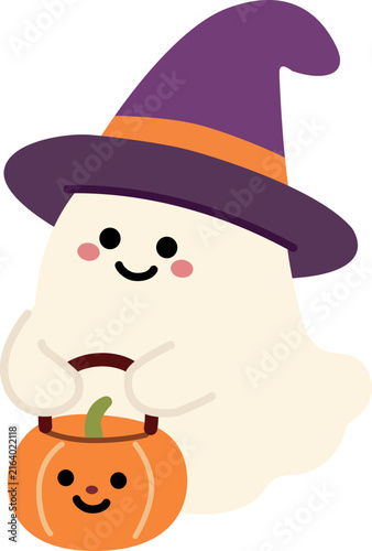 Cute Halloween White Ghost Wearing Witch Hat Holding Pumpkin Lantern