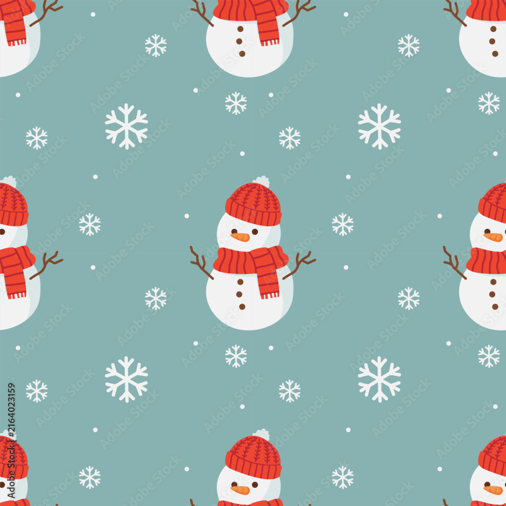 Fototapeta premium Cute snowman seamless pattern with snowflakes on light blue background, winter Christmas vector illustration for wallpaper, wrapping paper, or fabric design