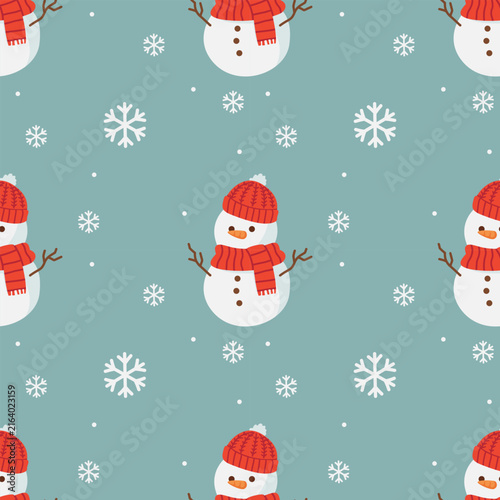 Cute snowman seamless pattern with snowflakes on light blue background, winter Christmas vector illustration for wallpaper, wrapping paper, or fabric design
