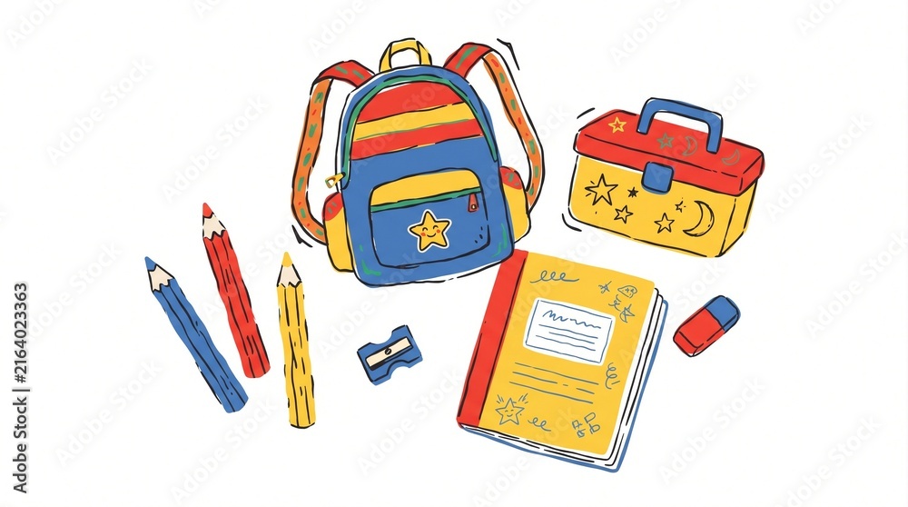 Fototapeta premium Colorful back to school illustration featuring a backpack, lunch box, notebook, pencils, sharpener, and eraser on white background