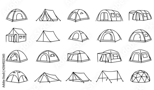 Camping tent outline line icon collection for hiking travel and outdoor vector design