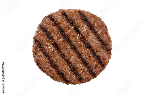 Obraz na plátně Perfectly grilled round hamburger patty with distinct char marks and glistening