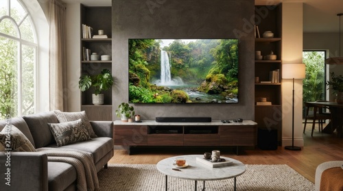 A large Samsung television displays a vibrant image of a waterfall in a lush forest. The TV is mounted on a dark gray wall within a stylish living room.