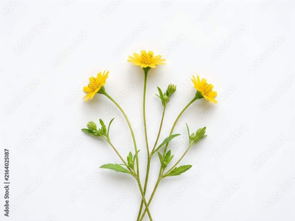 Obraz premium Bright yellow flowers with green leaves on a white background