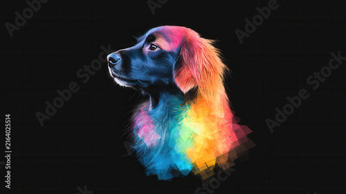 Colorful artistic representation of dog with vibrant hues and black background, showcasing creativity and emotion