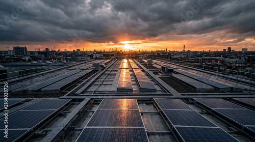 Solar panels on industrial rooftop at sunset with dramatic city skyline