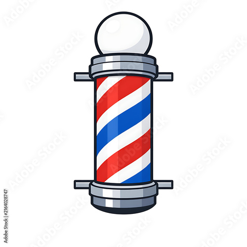 A classic barber pole illustration with red, white, and blue stripes on a white background.