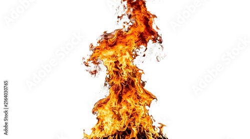 Bright orange and yellow flame blazing upward isolated on white background