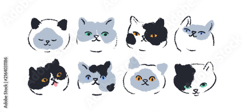 Cute cat faces, doodle animal heads, vector set. Doodle cat characters, kitty...