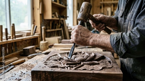 Woodcarver Crafting Floral Design With Mallet on Dark Wooden Block
