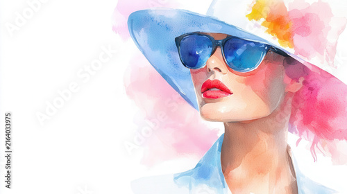 Watercolor illustration of fashionable woman wearing sunglasses and wide brimmed hat, exuding elegance and style
