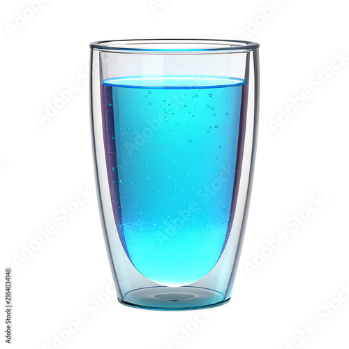 Refreshing Blue Carbonated Drink in a Double-Walled Glass Isolated on White