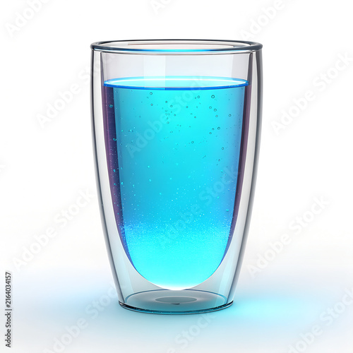 Vibrant blue carbonated drink in a double-walled glass on a white background