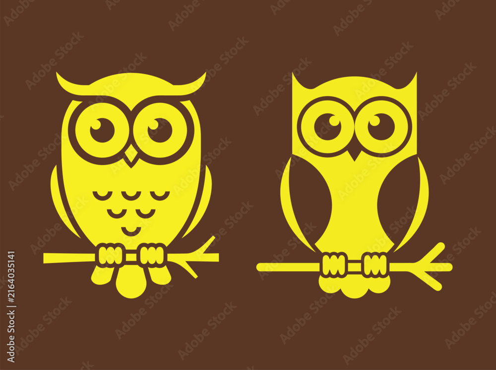 Fototapeta premium Charming yellow cartoon owls one sleeping peacefully one awake perched on brown background branch vector illustration