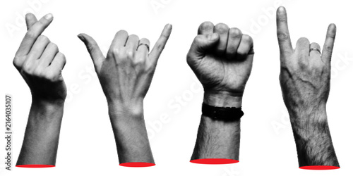 Halftone pop art hands gesture set with finger heart, shaka hang loose, raised fist and rock on devil horns
