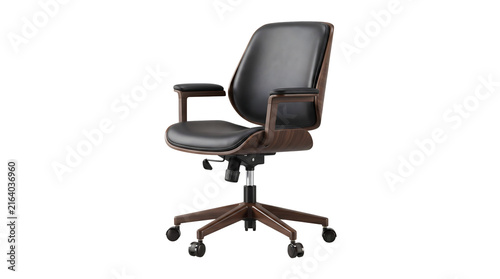 Modern black leather office chair with wooden frame and rolling wheels isolated on transparent background