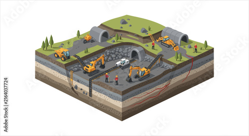Obraz na płótnie Isometric view of underground tunnel construction with heavy machinery