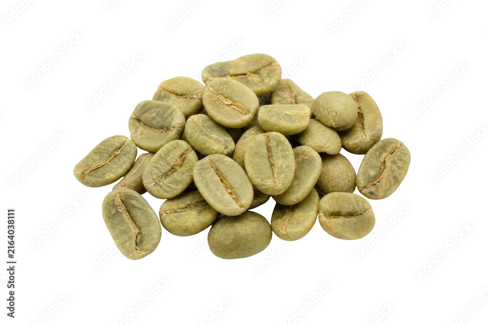 Obraz premium Small pile of raw green coffee beans with a visible central groove, captured with bright studio lighting