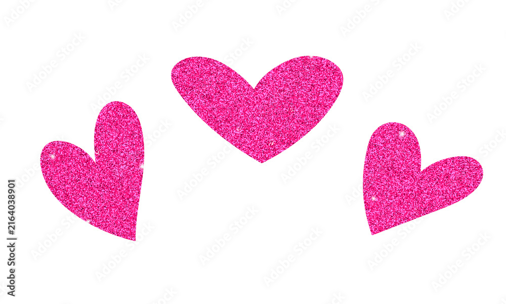 Fototapeta premium Three pink glittery hearts isolated on transparent background